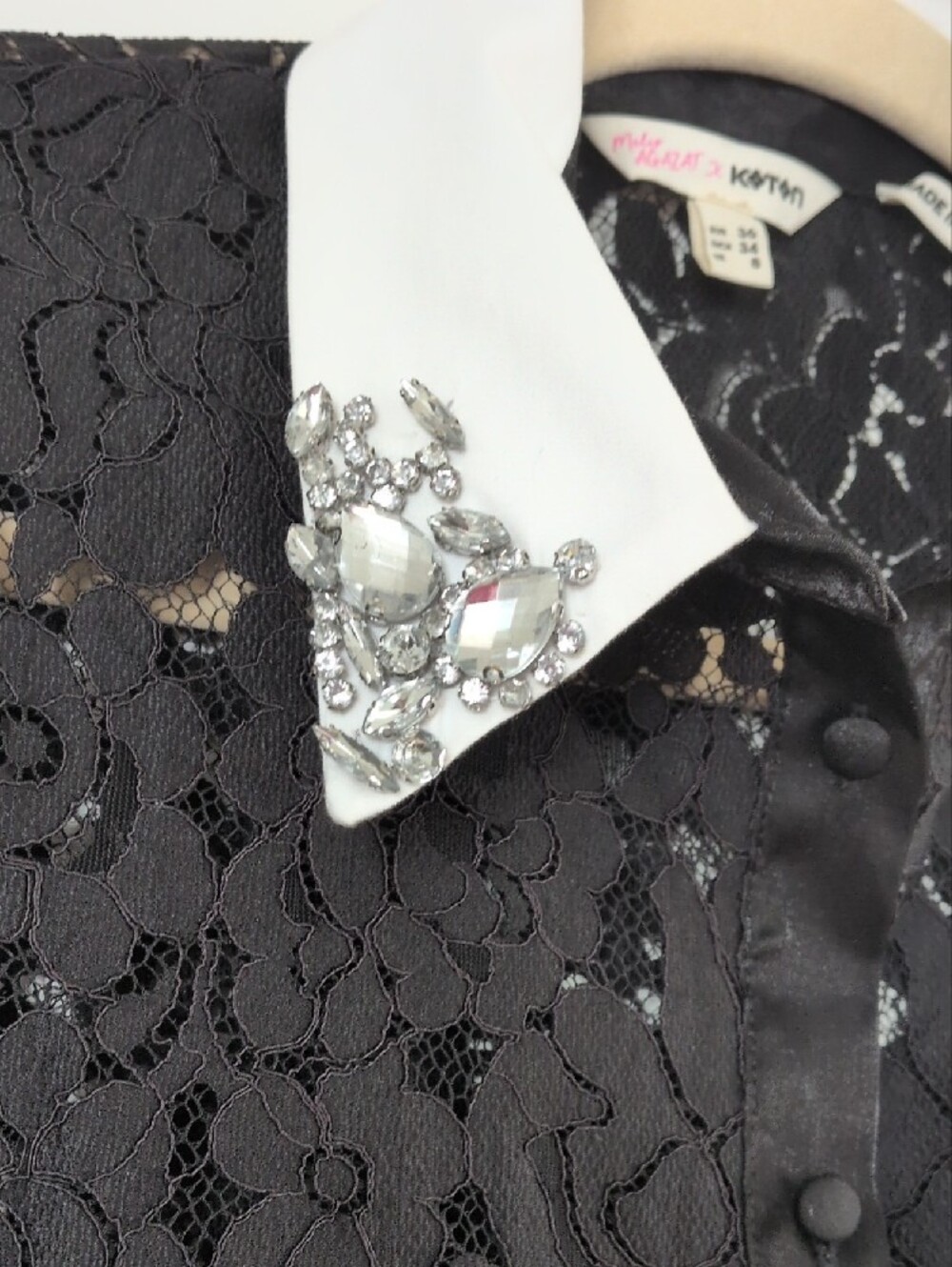 Black Lace Button-Down Shirt with Embellished White Collar - Picture 2 of 4